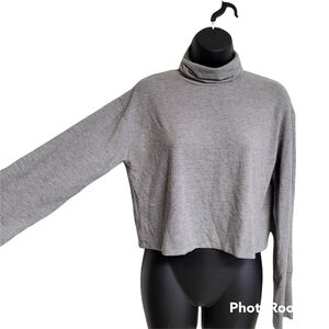 Project Social T Grey Drop Shoulder Ribbed Cuff Long Sleeve Crop Turtleneck Top